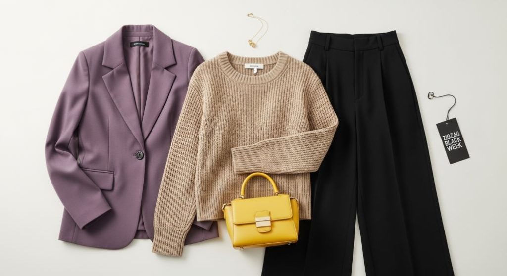 지그재그 블랙위크 추천템인 보라색 블레이저, 베이지색 니트, 검은색 와이드 팬츠, 노란색 핸드백이 놓인 패션 플랫레이