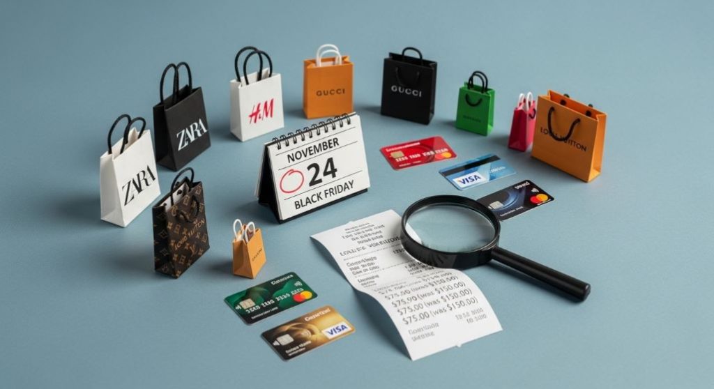 무신사 블랙프라이데이 할인 전략을 세우는 모습. 다양한 브랜드 쇼핑백, 신용카드, 달력, 돋보기가 놓여 있는 평면 사진.