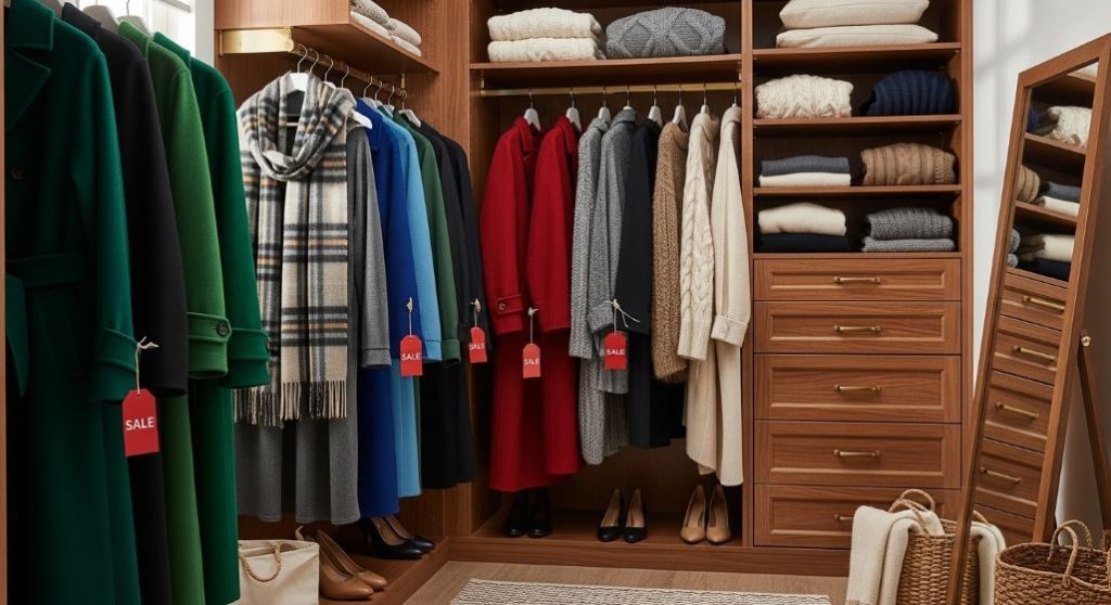 무신사 블랙프라이데이 구매 후 깔끔하게 정리된 겨울옷장. 세일 태그가 달린 코트와 니트웨어.