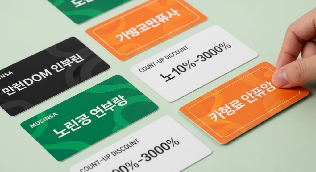 다양한 종류의 무신사 블프 쿠폰(랜덤, 카운트업, 장바구니 쿠폰 등)이 초록색과 주황색 테마로 디자인되어 펼쳐져 있고, 한 손이 쿠폰 중 하나를 잡으려는 모습.