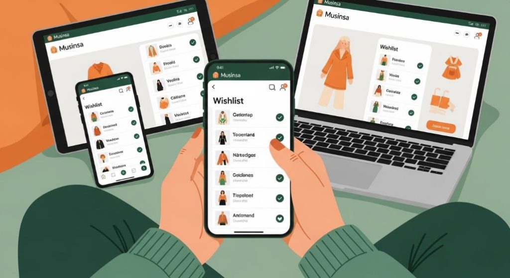 스마트폰으로 무신사 위시리스트를 작성하는 사람의 손. 화면에는 여러 패션 아이템이 담겨있고, 옆에는 태블릿과 노트북이 놓여 있어 쇼핑 준비의 중요성을 강조합니다.