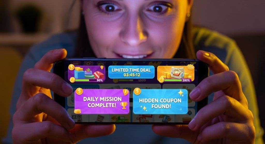 게이미피케이션 요소가 적용된 무신사 앱 화면을 보며 즐거워하는 쇼핑객의 모습.