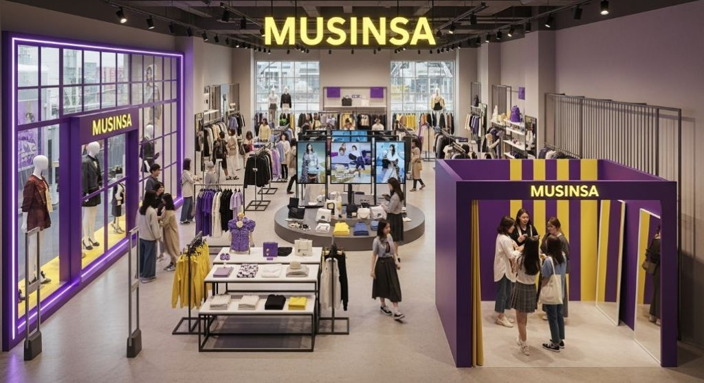 무신사 플래그십 스토어 또는 팝업 스토어에서 젊은 고객들이 패션 아이템을 체험하고 즐기는 모습.