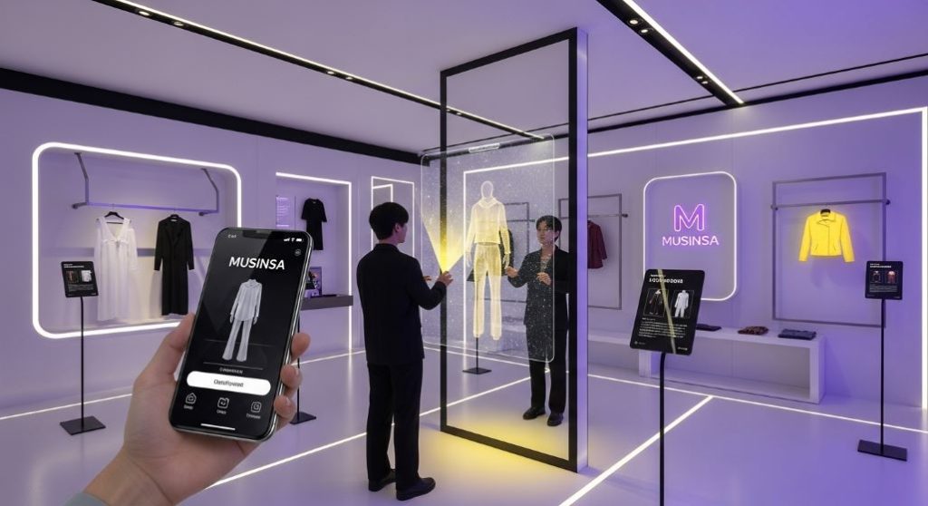 증강현실(AR) 기술을 이용해 가상으로 옷을 피팅해보는 미래 쇼핑 경험을 하는 사람의 모습.