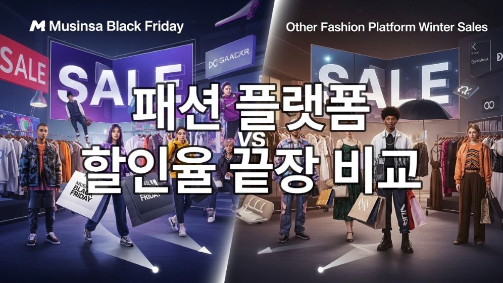 무신사 블랙프라이데이와 다른 패션 플랫폼들의 겨울 세일을 비교하는 역동적인 쇼핑 장면. 젊은 사람들이 쇼핑 앱을 보고 즐거워하며, 왼쪽에는 무신사 로고와 캐주얼 의류, 오른쪽에는 W컨셉, 29CM 등 다른 플랫폼 로고와 디자이너 브랜드 의류가 대비되어 있다.