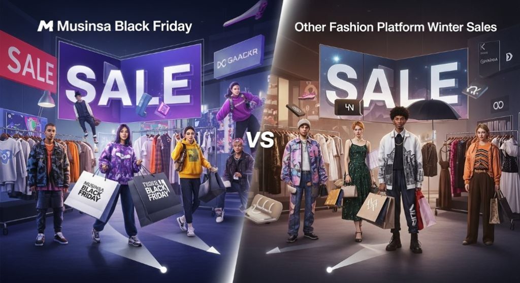 무신사 블랙프라이데이와 다른 패션 플랫폼들의 겨울 세일을 비교하는 역동적인 쇼핑 장면. 젊은 사람들이 쇼핑 앱을 보고 즐거워하며, 왼쪽에는 무신사 로고와 캐주얼 의류, 오른쪽에는 W컨셉, 29CM 등 다른 플랫폼 로고와 디자이너 브랜드 의류가 대비되어 있다.