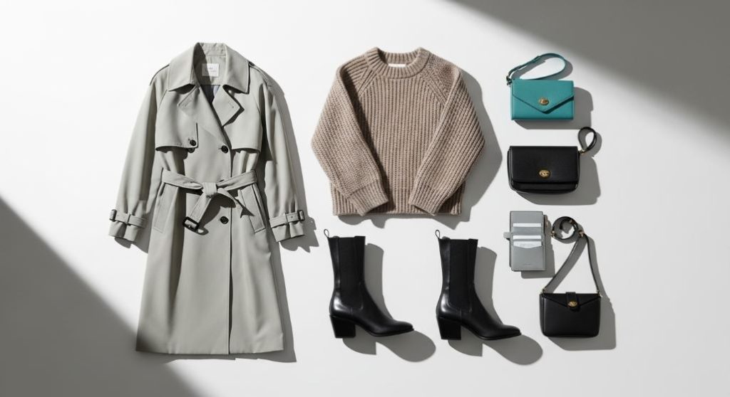 W컨셉이나 29CM 같은 플랫폼의 디자이너 아이템을 보여주는 감각적인 플랫 레이. 미니멀한 코트, 니트, 부츠, 가방 등이 정갈하게 놓여 있다.