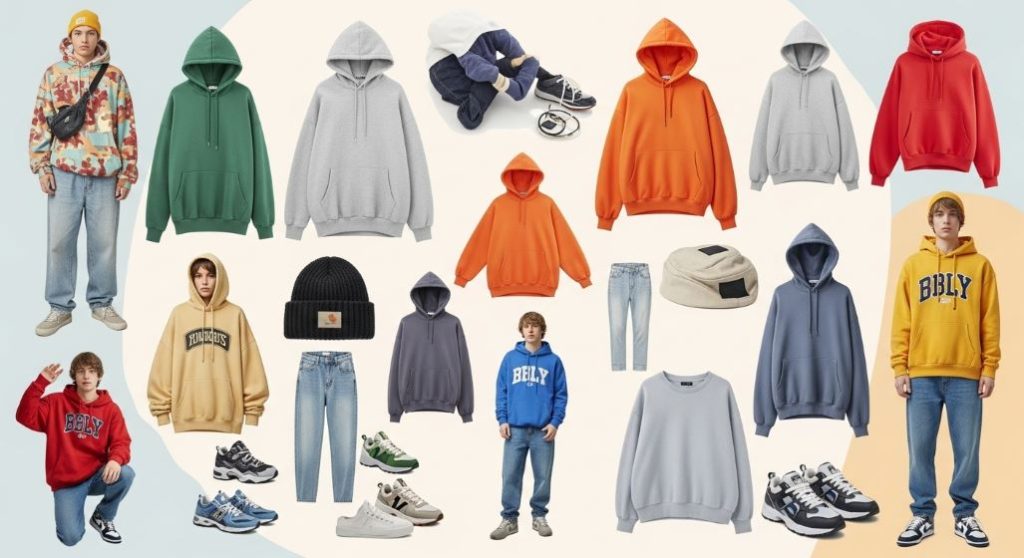 에이블리나 지그재그 같은 플랫폼의 데일리룩 아이템을 보여주는 다채로운 콜라주. 후드티, 맨투맨, 청바지, 스니커즈 등 트렌디하고 편안한 의류들이 다양하게 전시되어 있다.