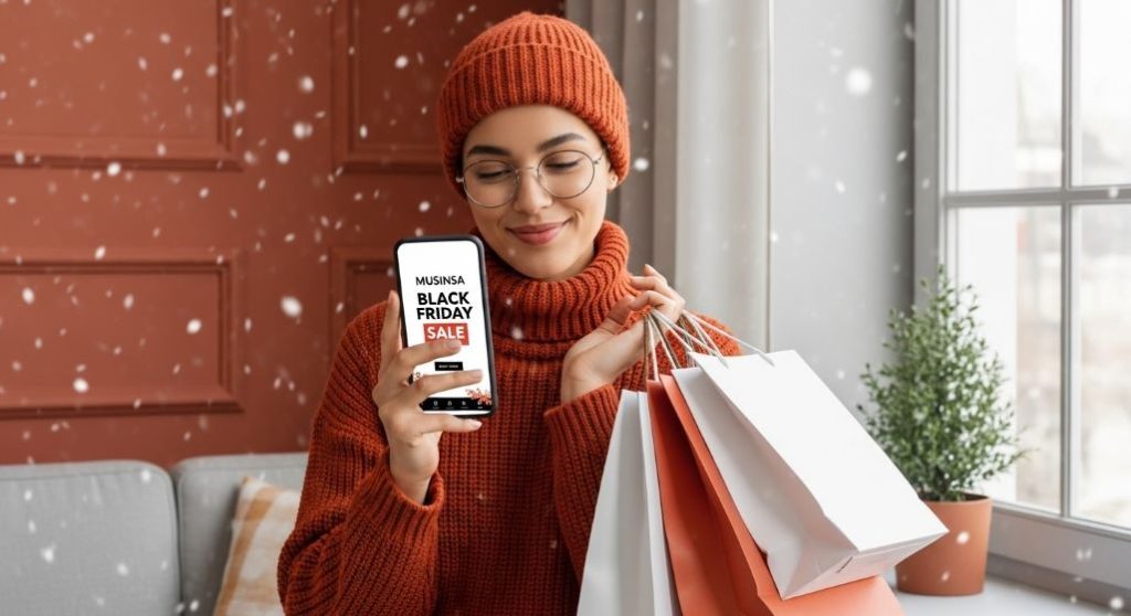 스마트폰으로 무신사 블랙프라이데이 할인을 확인하며 만족스러워하는 젊은이의 모습