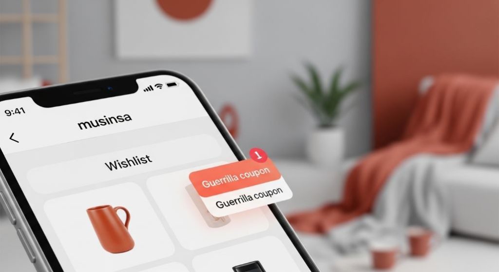 무신사 앱 위시리스트와 게릴라 쿠폰 알림이 떠 있는 스마트폰 화면
