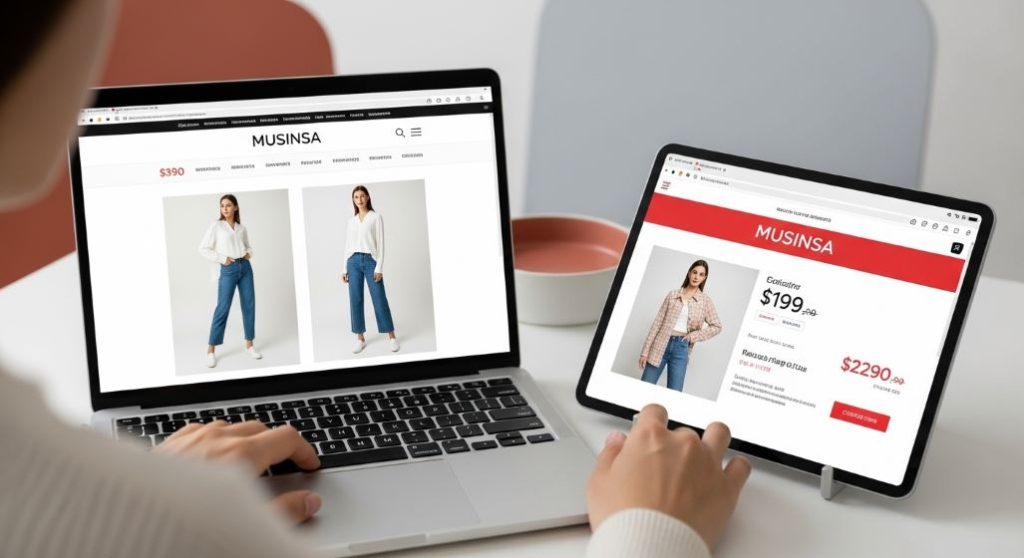 무신사 최저가 보상제를 위해 다른 쇼핑몰과 가격을 비교하는 모습