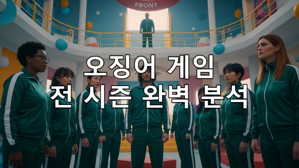 오징어 게임의 상징적인 녹색 트레이닝복을 입은 참가자들이 긴장감 넘치는 놀이 공간에서 시험에 임하는 모습, 프론트맨이 감시하는 드라마틱한 장면.