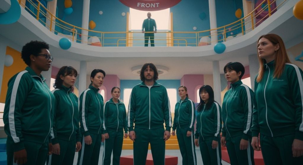 오징어 게임의 상징적인 녹색 트레이닝복을 입은 참가자들이 긴장감 넘치는 놀이 공간에서 시험에 임하는 모습, 프론트맨이 감시하는 드라마틱한 장면.