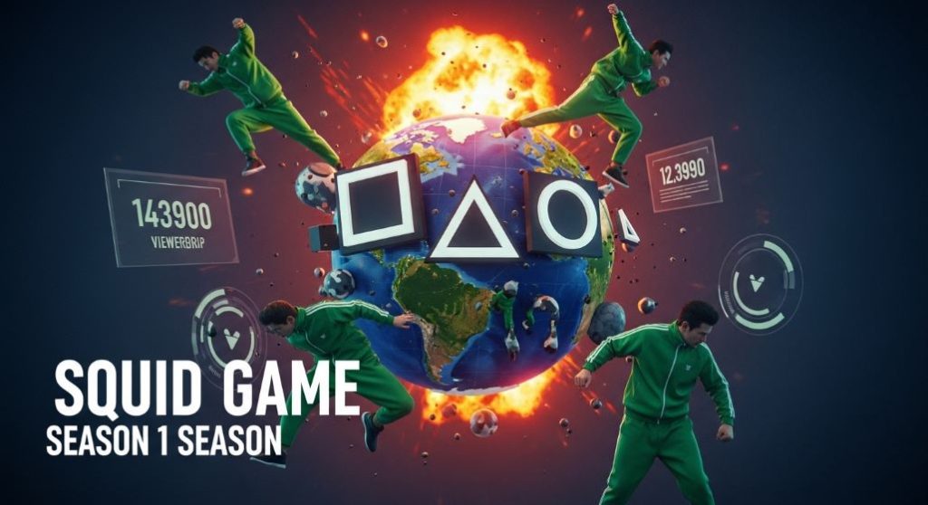 오징어 게임 시즌1이 전 세계적으로 일으킨 문화적 파급력을 시각화한 이미지. 지구본과 게임 상징들이 어우러져 글로벌 성공을 암시.