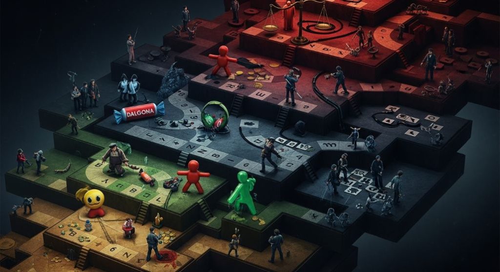 오징어 게임 시리즈의 시즌2와 시즌3에서 깊어진 스토리와 확장된 세계관을 나타내는 비주얼. 더 복잡해진 게임 환경과 인물들의 내면적 갈등을 암시하는 분위기.