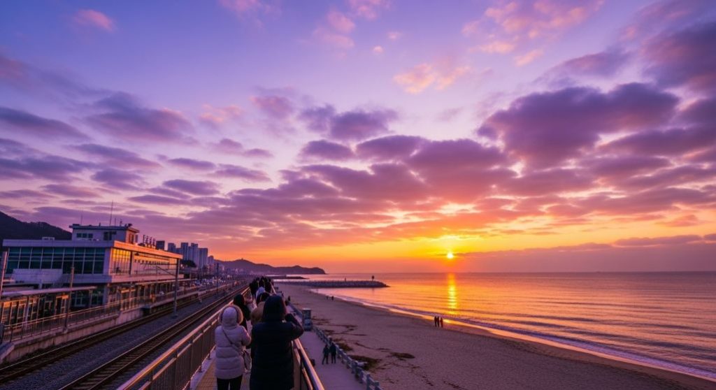 2026년 강릉 정동진 동해 바다 위로 붉게 떠오르는 해와 해돋이를 기다리는 사람들, 정동진역 해변 풍경