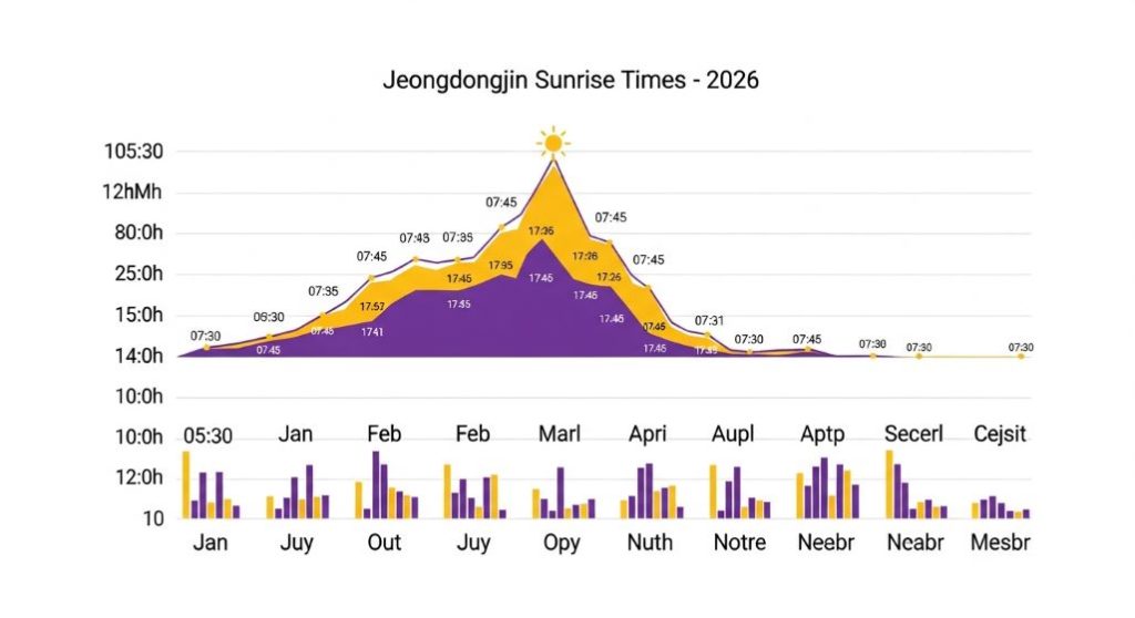 2026년 정동진 월별 일출 시간 변화를 보여주는 인포그래픽 차트.