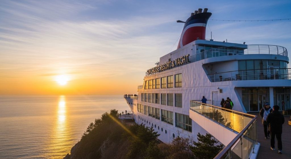 정동진 썬크루즈 리조트에서 바라본 동해 일출 전경. 독특한 배 모양의 건물이 보인다.