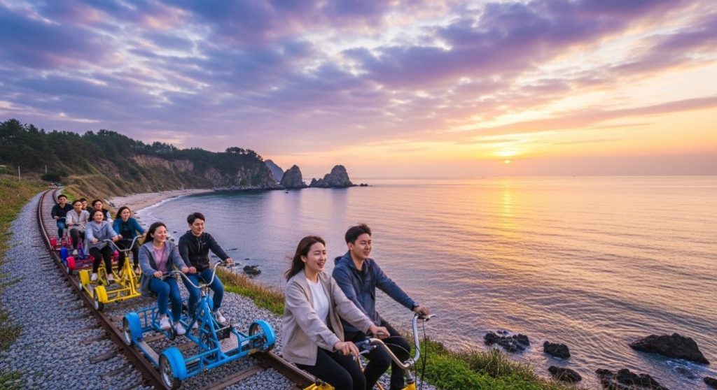 정동진 해변을 따라 달리는 레일바이크와 동해 바다의 아름다운 풍경.