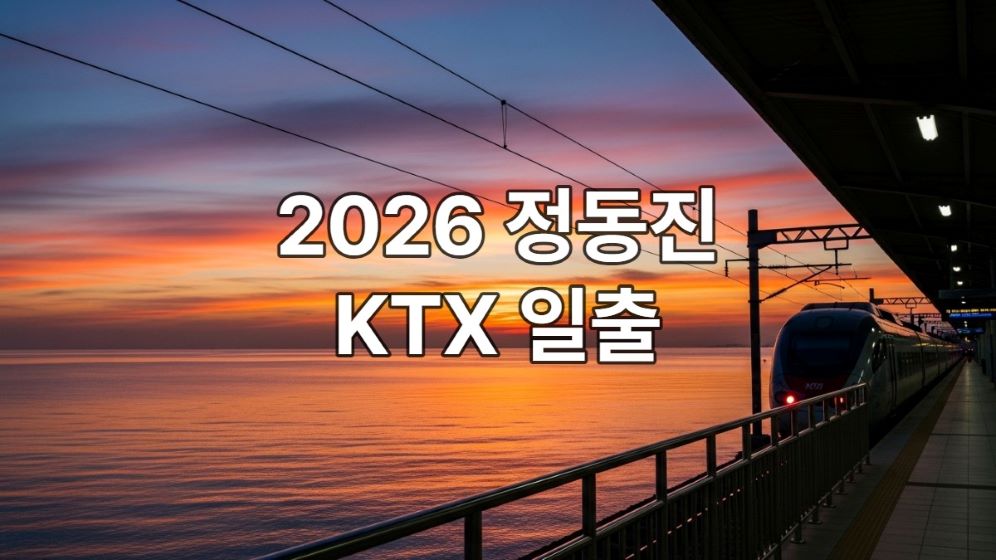 2026년 정동진역에서 바라본 일출 풍경. 황홀한 색깔로 물든 하늘과 바다를 배경으로 KTX 열차가 정동진역 플랫폼에 정차해 있는 모습.
