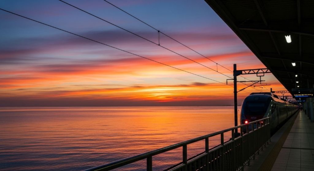 2026년 정동진역에서 바라본 일출 풍경. 황홀한 색깔로 물든 하늘과 바다를 배경으로 KTX 열차가 정동진역 플랫폼에 정차해 있는 모습.