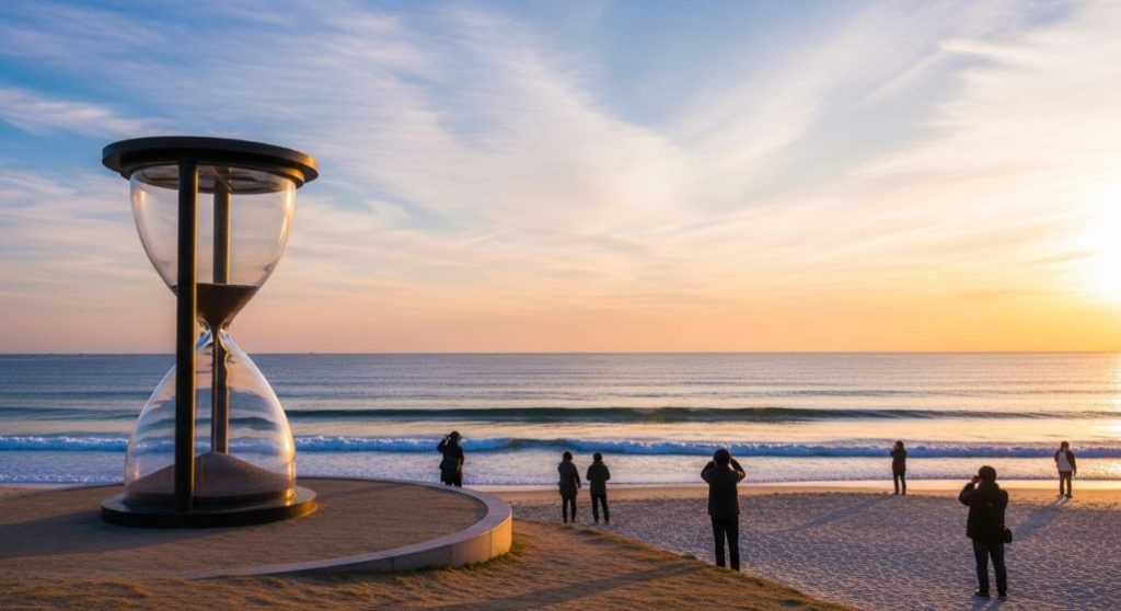 일출 직후 정동진 모래시계 공원의 아름다운 풍경. 거대한 모래시계와 잔잔한 해변, 동해 바다가 어우러져 평화로운 분위기를 자아낸다.