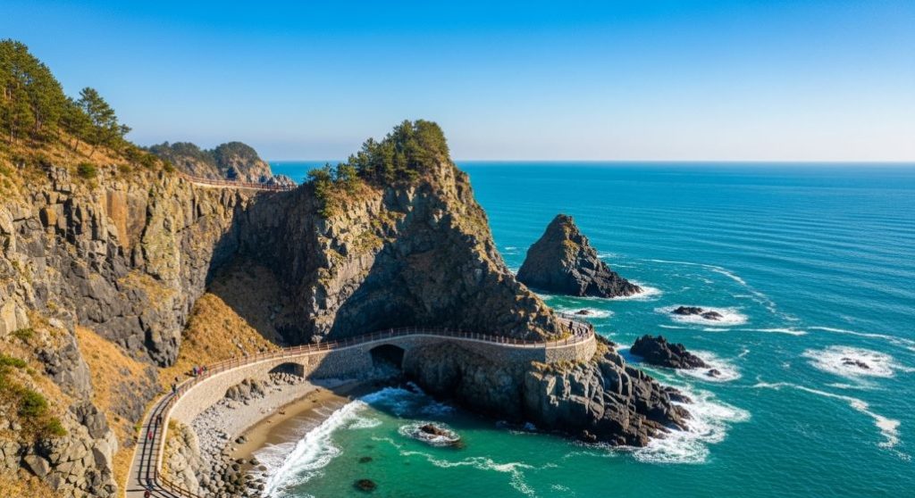 맑은 날 정동진 바다부채길의 전경. 푸른 바다 위로 절벽을 따라 구불구불 이어지는 해안 산책로의 웅장하고 아름다운 모습.