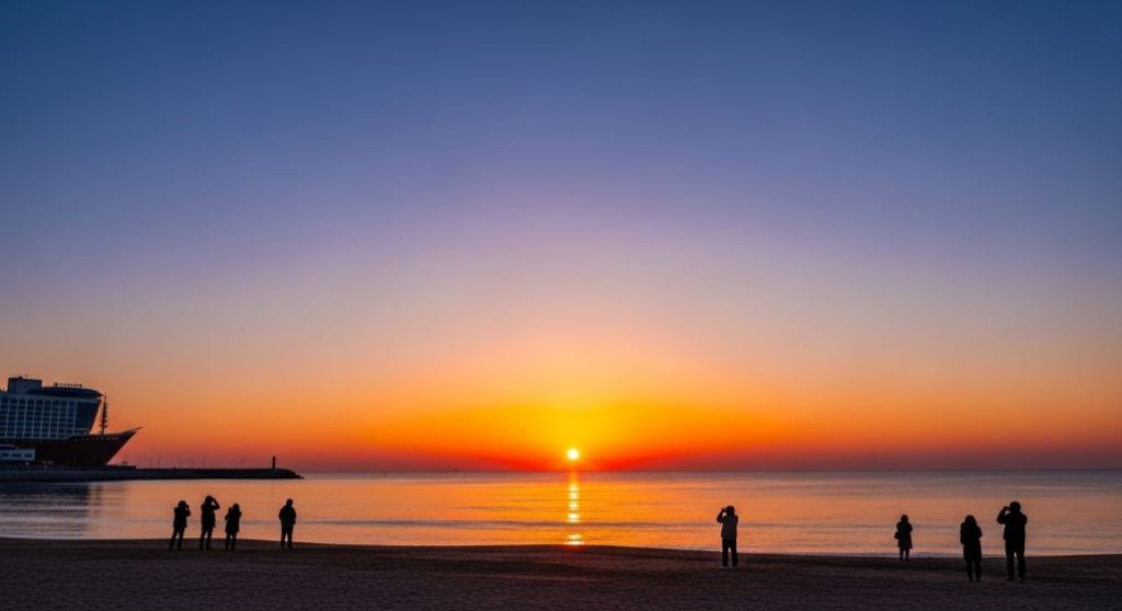 2026년 정동진 해변에서 떠오르는 붉은 새해 일출. 따뜻하게 옷을 입은 사람들이 수평선을 바라보며 희망찬 새해를 맞이하는 모습.