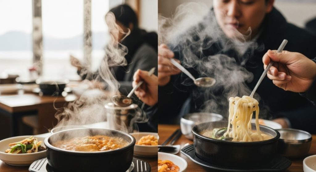 정동진 해돋이 후 따뜻한 순두부찌개나 해물칼국수를 먹으며 몸을 녹이는 사람들로 북적이는 식당 내부.