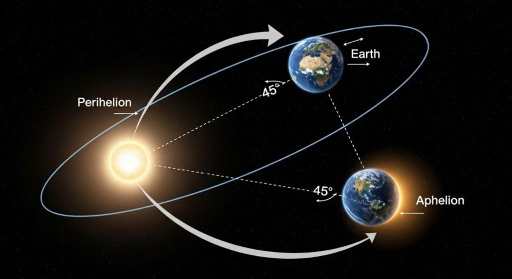 지구가 태양 주위를 타원 궤도로 공전하고 자전축이 기울어져 있는 모습을 보여주는 개념도