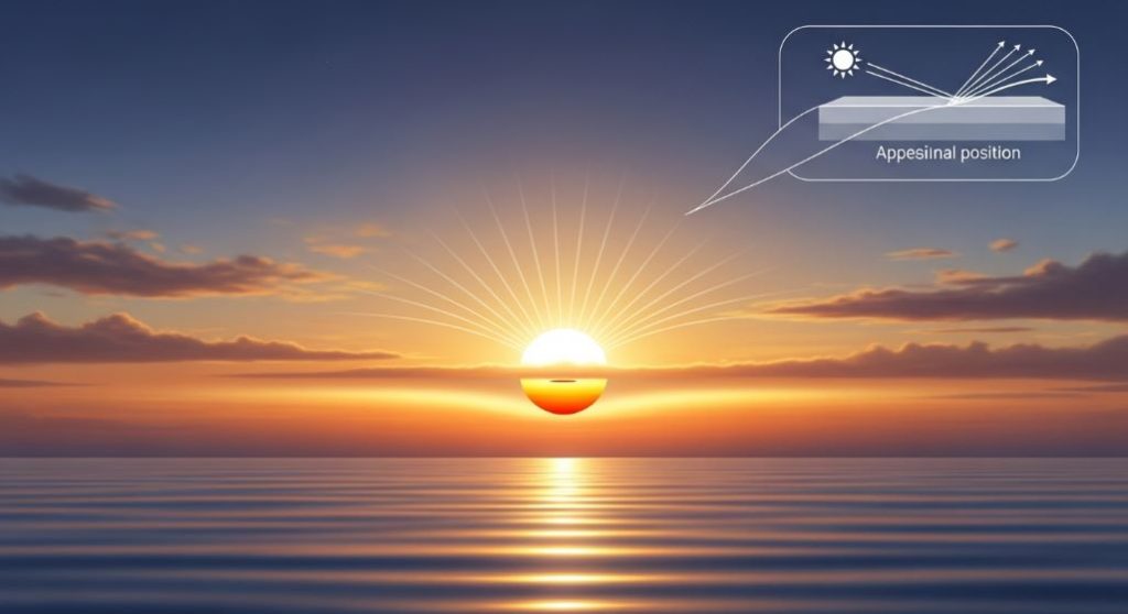 지평선 위로 떠오르는 태양빛이 지구 대기에 의해 굴절되는 대기 굴절 현상 그림