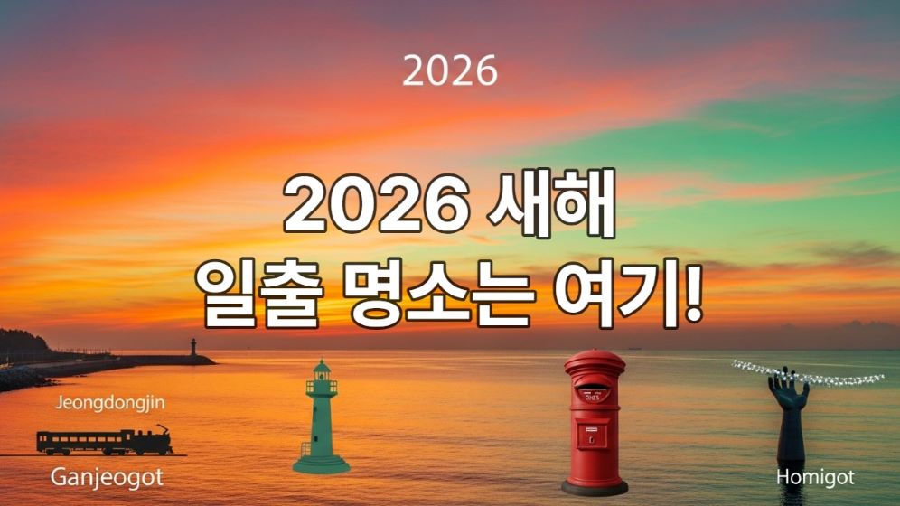 동해안 대표 일출 명소인 정동진, 간절곶, 호미곶의 상징적인 요소들이 어우러진 2026년 새해 첫 일출 풍경. 희망찬 새벽빛이 바다 위로 퍼지는 모습.