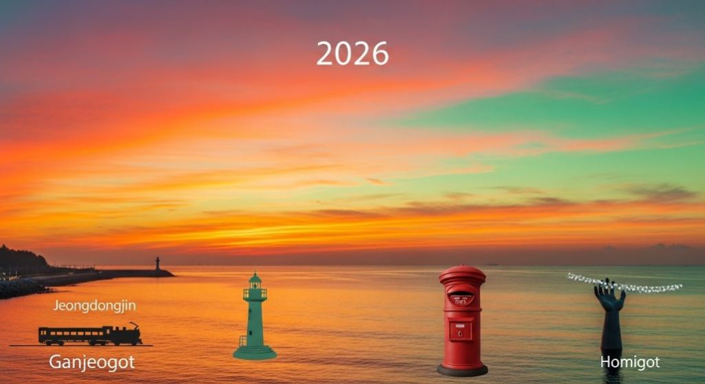 동해안 대표 일출 명소인 정동진, 간절곶, 호미곶의 상징적인 요소들이 어우러진 2026년 새해 첫 일출 풍경. 희망찬 새벽빛이 바다 위로 퍼지는 모습.