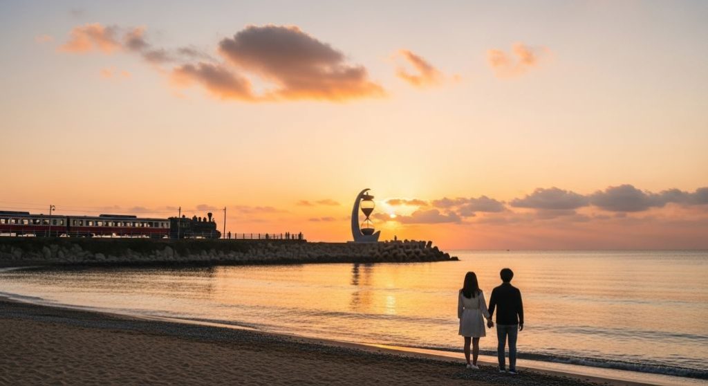 정동진 해변에서 수평선 위로 떠오르는 해와 기차, 그리고 모래시계가 어우러진 로맨틱한 일출 풍경.
