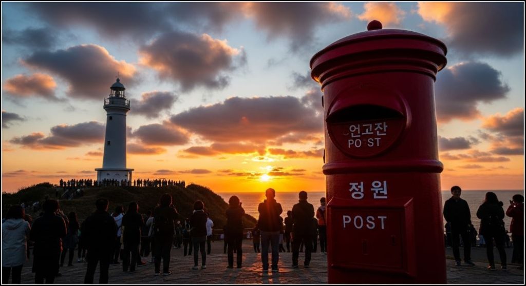 울산 간절곶의 웅장한 등대와 소망우체통, 그리고 새해 첫 해를 맞이하기 위해 모인 인파가 보이는 활기찬 일출 장면.
