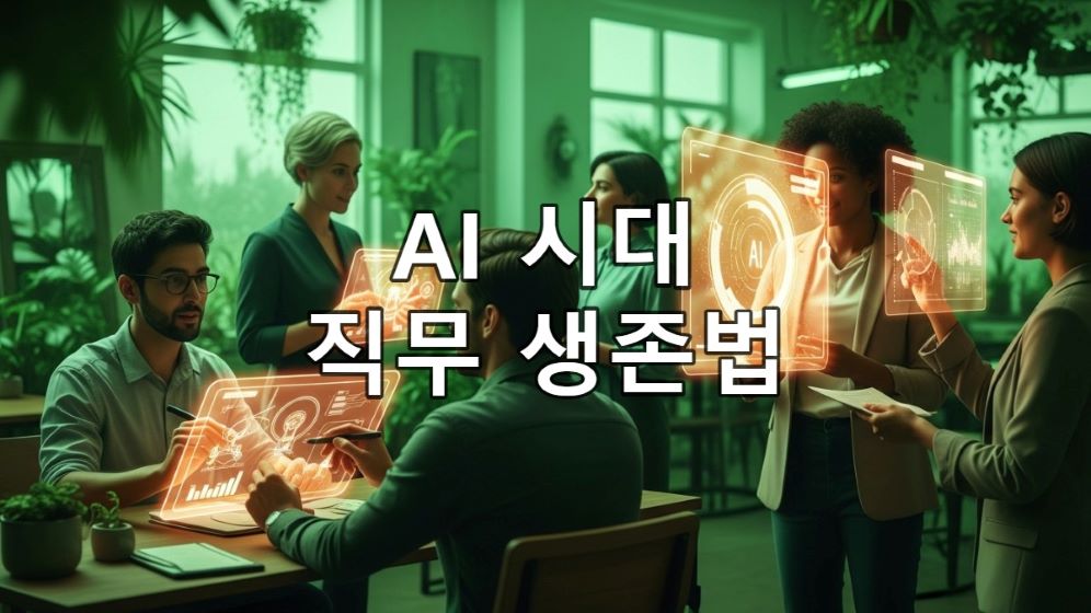 미래 지향적인 사무실에서 사람들이 AI 인터페이스와 협력하며 창의적, 비판적으로 소통하는 모습. 인간 중심의 AI 시대를 상징하는 이미지.