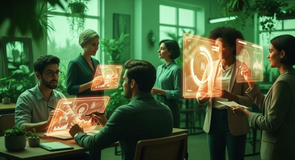 미래 지향적인 사무실에서 사람들이 AI 인터페이스와 협력하며 창의적, 비판적으로 소통하는 모습. 인간 중심의 AI 시대를 상징하는 이미지.