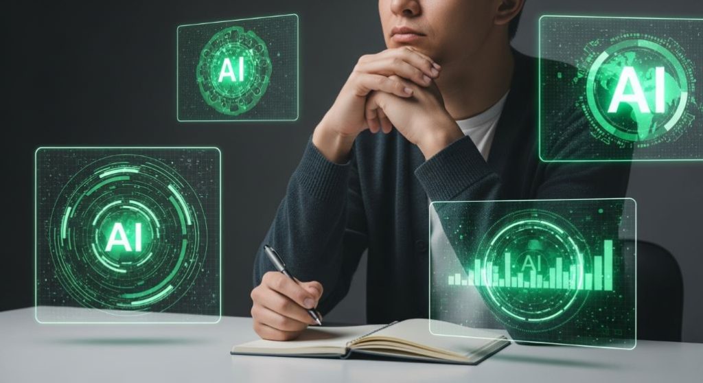 데이터 홍수 속에서 사색에 잠긴 사람의 모습. AI 시대의 정보 과부하와 인간의 비판적 사고의 중요성을 나타냄.