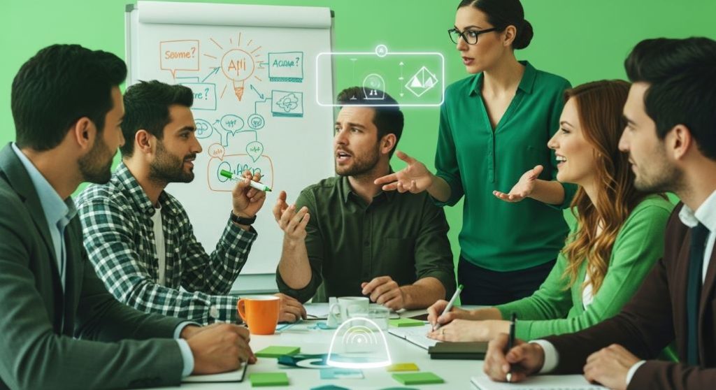 다양한 사람들이 테이블에 모여 활발하게 브레인스토밍하고 소통하는 모습. AI 시대에 인간의 협업과 공감 능력의 중요성을 강조.