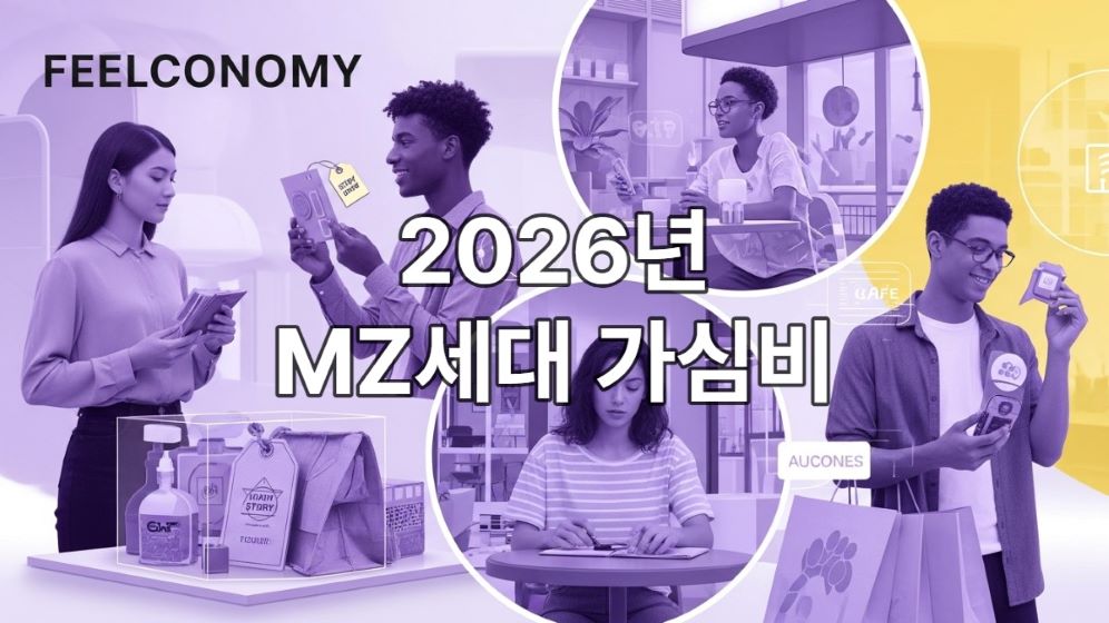 2026년 MZ세대의 가심비 소비 트렌드를 상징하는 이미지. 다양한 젊은이들이 스토리텔링이 담긴 제품을 보고, 특별한 카페 경험을 즐기며, 친환경 제품을 구매하는 모습. 미래지향적인 배경과 보라색-노란색 색감이 특징.