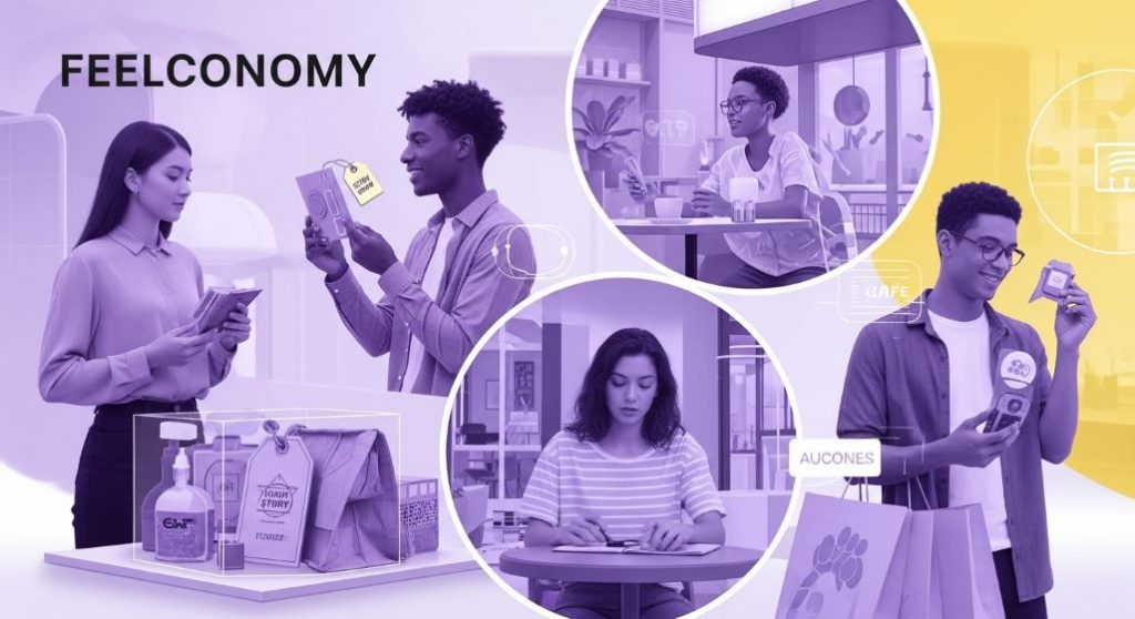 2026년 MZ세대의 가심비 소비 트렌드를 상징하는 이미지. 다양한 젊은이들이 스토리텔링이 담긴 제품을 보고, 특별한 카페 경험을 즐기며, 친환경 제품을 구매하는 모습. 미래지향적인 배경과 보라색-노란색 색감이 특징.