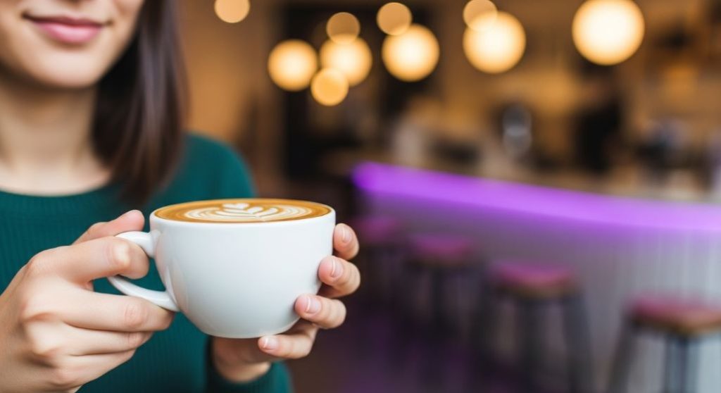 MZ세대가 감각적인 카페에서 라떼 아트를 감상하며 감성적 만족을 느끼는 모습.