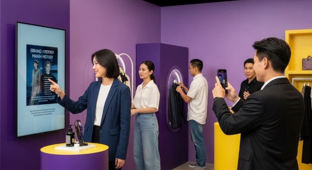 MZ세대가 브랜드 팝업 스토어에서 디지털 체험과 제품을 직접 경험하며 적극적으로 참여하는 모습.