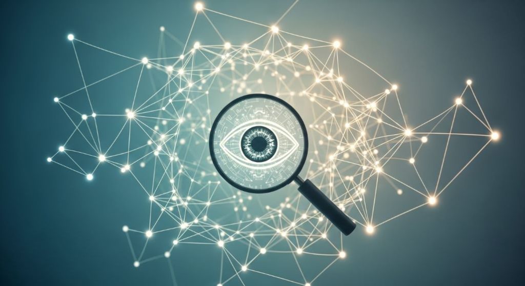 마이크로 트렌드를 포착하기 위해 소셜 미디어와 고객 커뮤니티의 작은 데이터를 분석하는 추상적인 네트워크 이미지