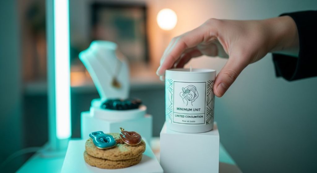 수제 한정판 제품 하나를 신중하게 진열하는 모습으로, 소량 생산과 최소 단위 소비의 가치를 강조한 이미지