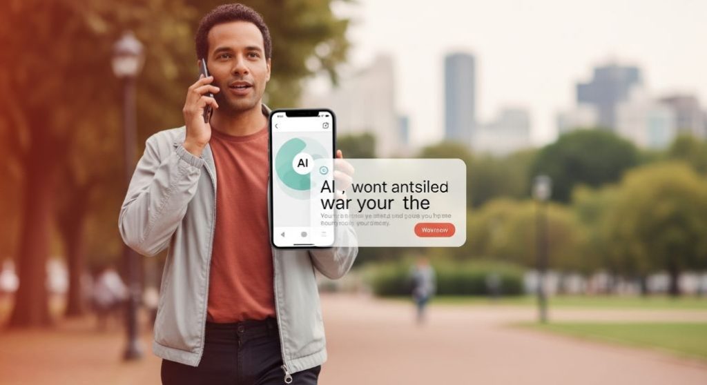 야외에서 스마트폰 음성 검색을 활용하여 AI 답변을 얻는 사람
