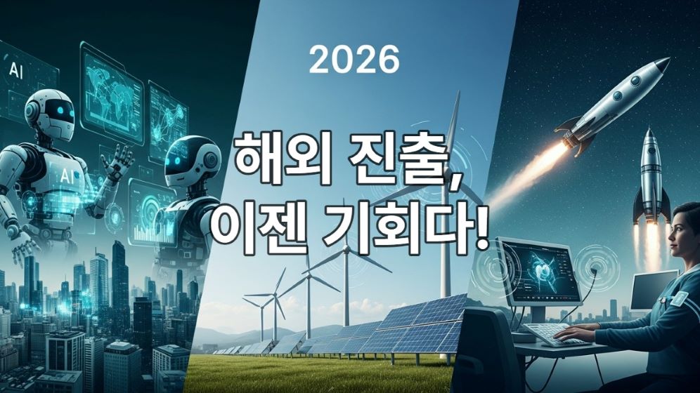 KOTRA가 발표한 2026년 글로벌 산업 트렌드를 시각적으로 표현한 이미지. AI 로봇, 풍력 터빈, 스마트 의료 기기, 우주 로켓이 한데 어우러져 미래 비즈니스 기회를 상징합니다.