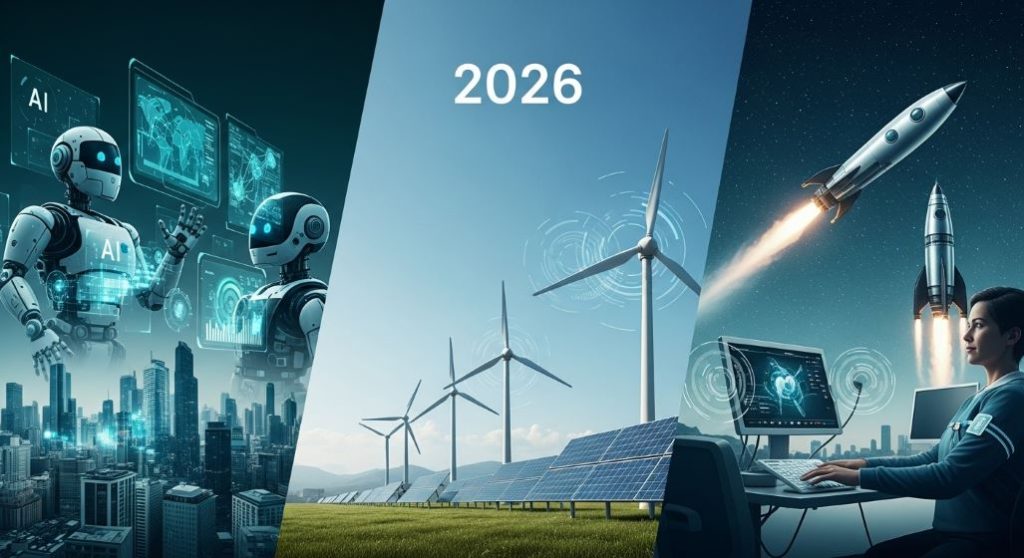 KOTRA가 발표한 2026년 글로벌 산업 트렌드를 시각적으로 표현한 이미지. AI 로봇, 풍력 터빈, 스마트 의료 기기, 우주 로켓이 한데 어우러져 미래 비즈니스 기회를 상징합니다.