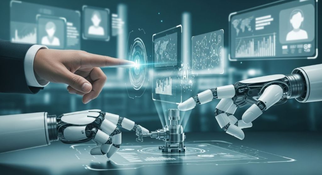 인간의 손과 로봇의 손이 AI 기반 데이터 분석 화면을 함께 조작하며 협업하는 모습. AI 시대의 인간과 기술의 조화를 보여줍니다.