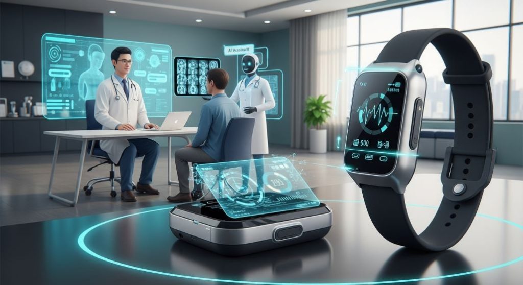 웨어러블 기기로 건강 데이터를 모니터링하고, 원격 진료를 통해 의료 서비스를 받는 모습. 스마트 의료 기술의 편리성과 개인화를 나타냅니다.